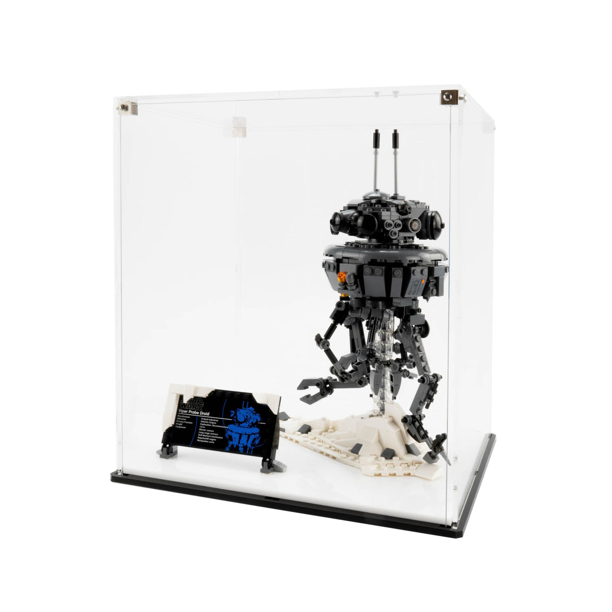 LEGO Imperial Probe Droid 75306: complete model with the display case; Clear Display Case with White Base Plate.