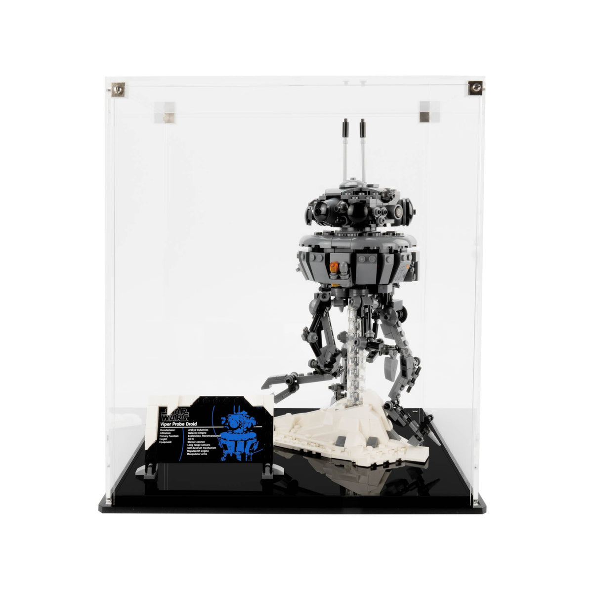 LEGO Imperial Probe Droid 75306: model and display case shown together.