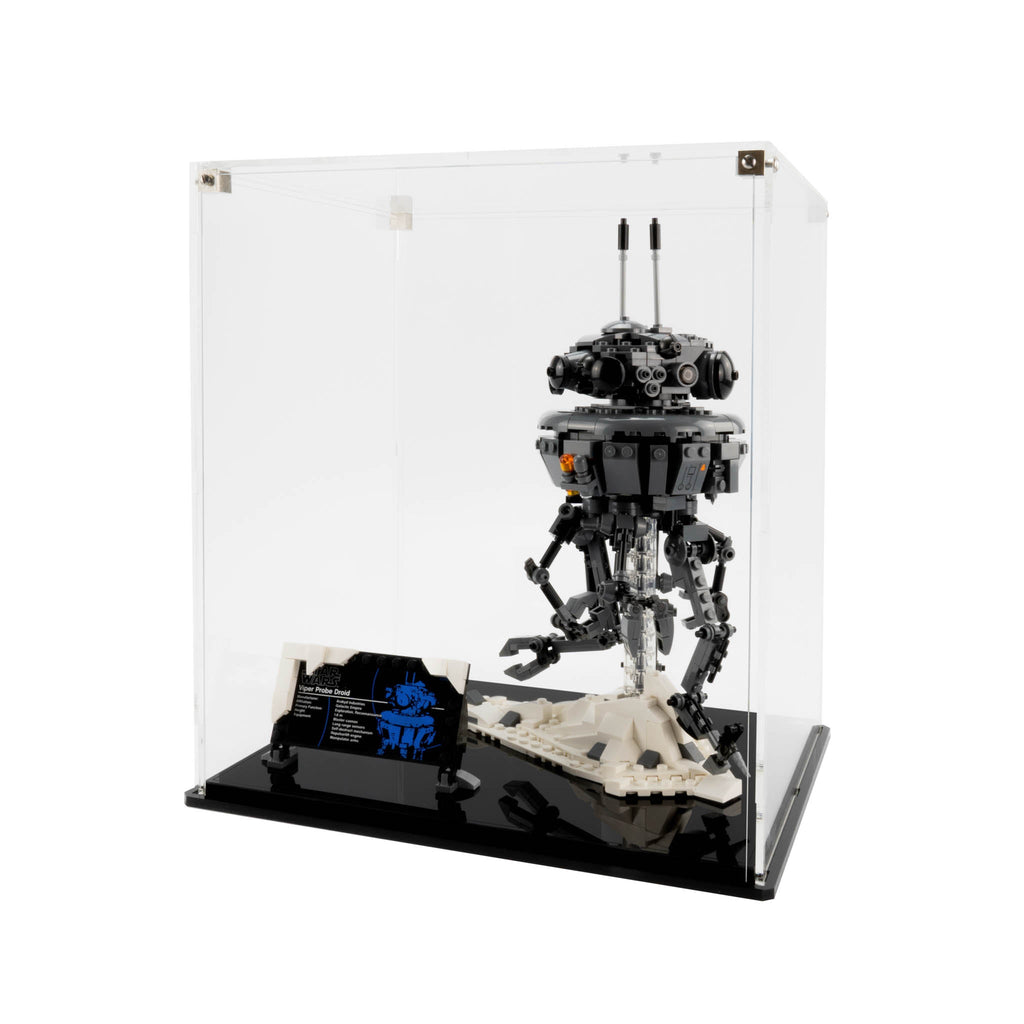 LEGO Imperial Probe Droid 75306: complete model with the display case; Clear Display Case with Black Base Plate.
