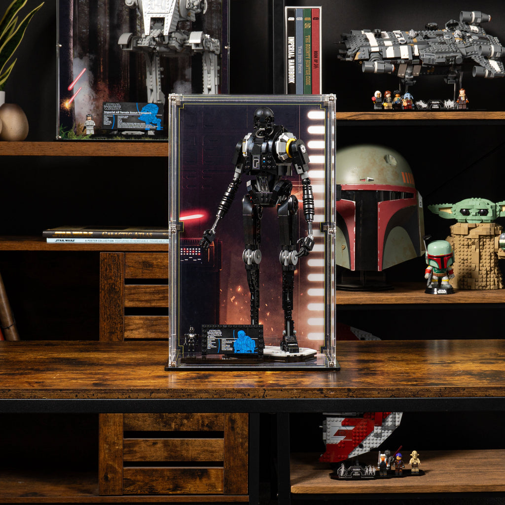 LEGO K-2SO Security Droid 75434: model and display case shown together.