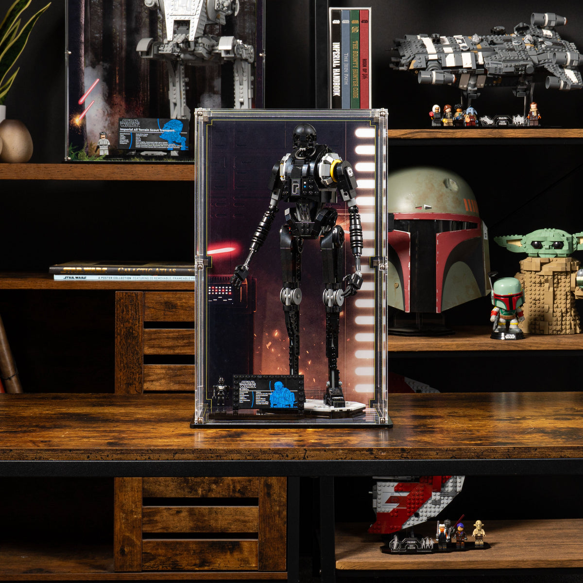LEGO K-2SO Security Droid 75434: model and display case shown together.