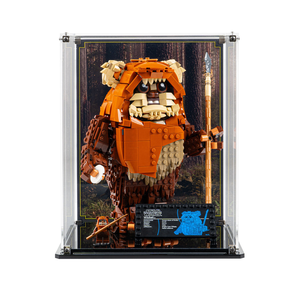 LEGO Wicket the Ewok 75430: model and display case shown together.