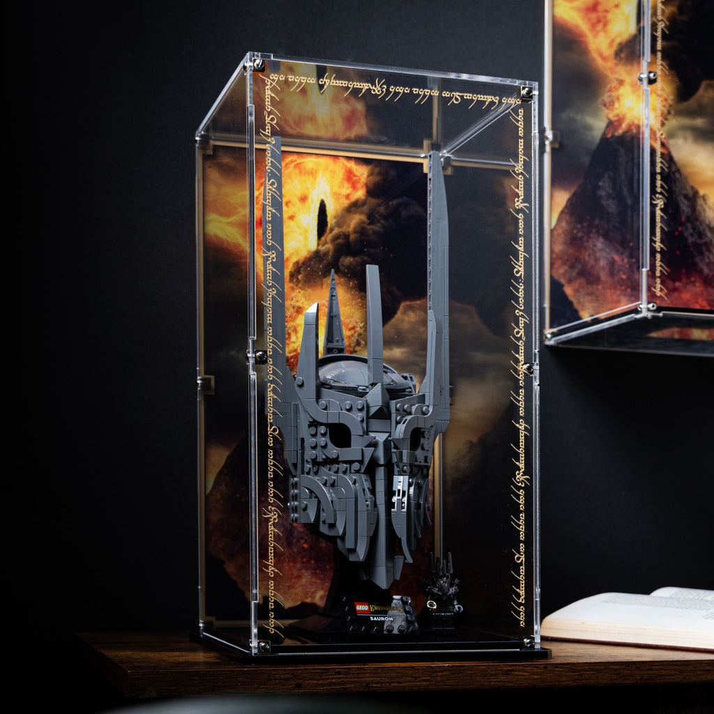 LEGO Sauron's Helmet 11373: model and display case shown together.