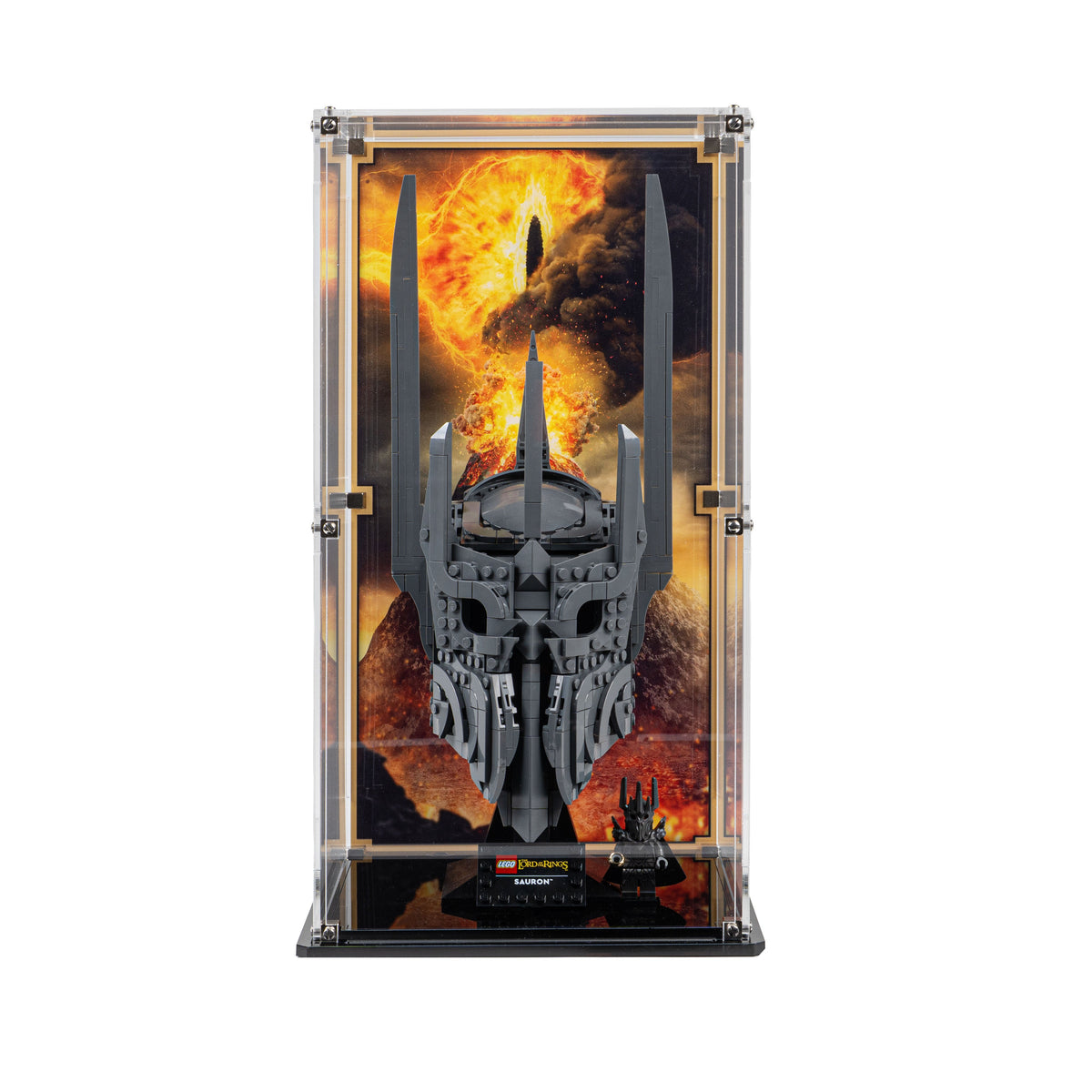 LEGO Sauron's Helmet 11373: model and display case shown together.
