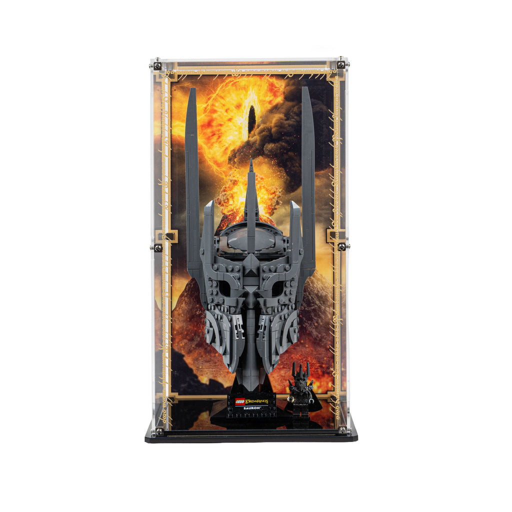 LEGO Sauron's Helmet 11373: model and display case shown together.