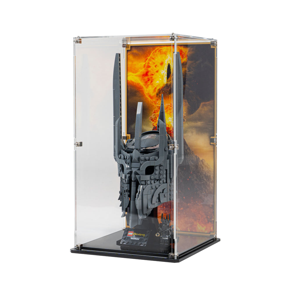 LEGO Sauron's Helmet 11373: complete model with the display case; Printed Background.