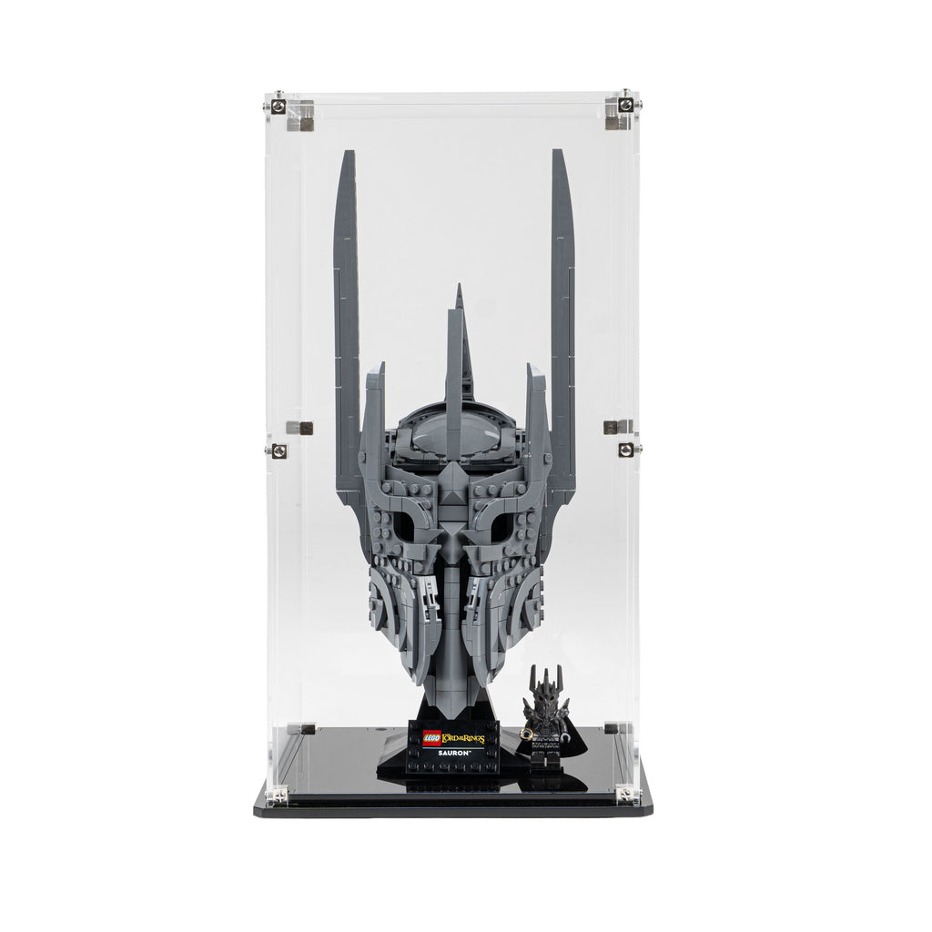 LEGO Sauron's Helmet 11373: model and display case shown together.