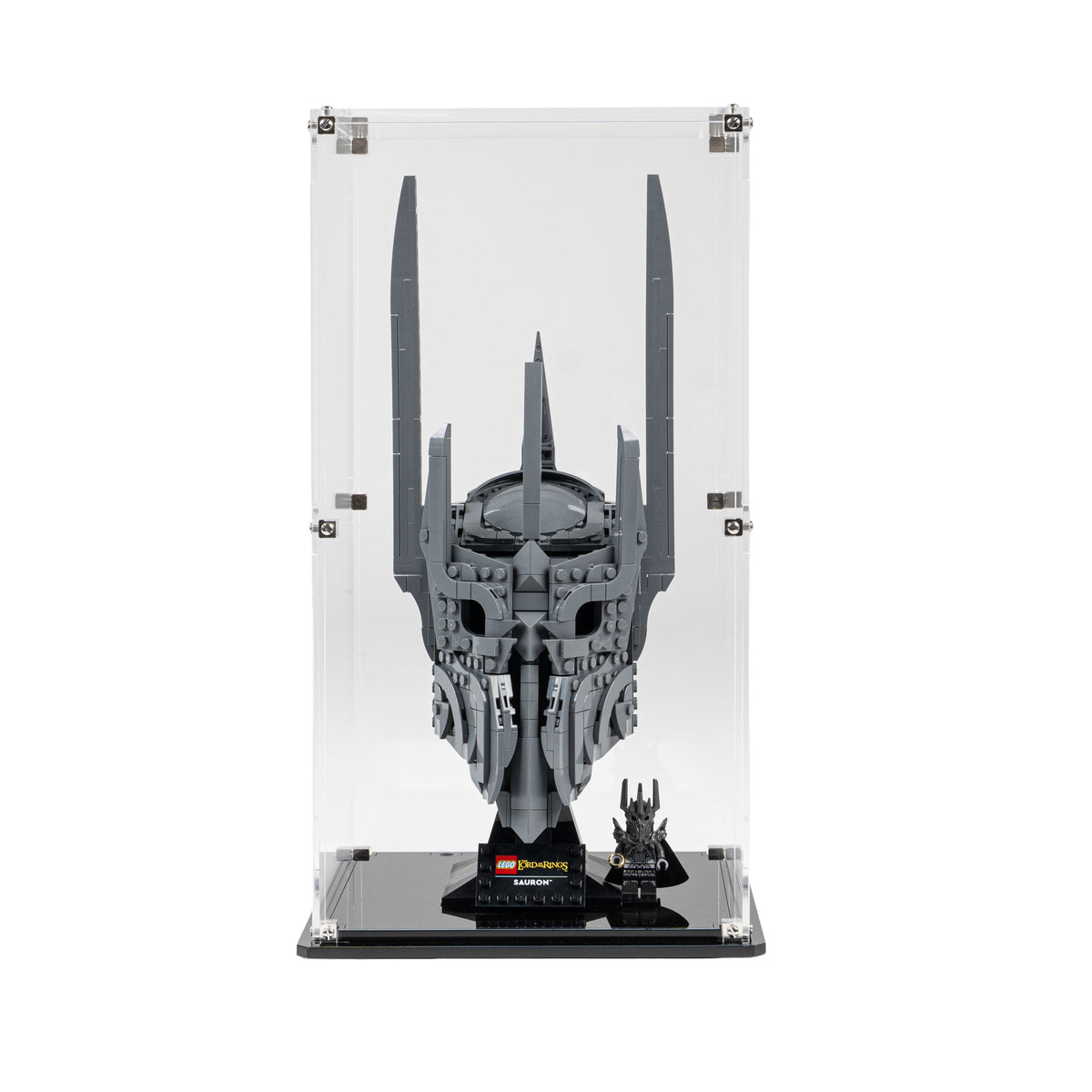 LEGO Sauron's Helmet 11373: model and display case shown together.
