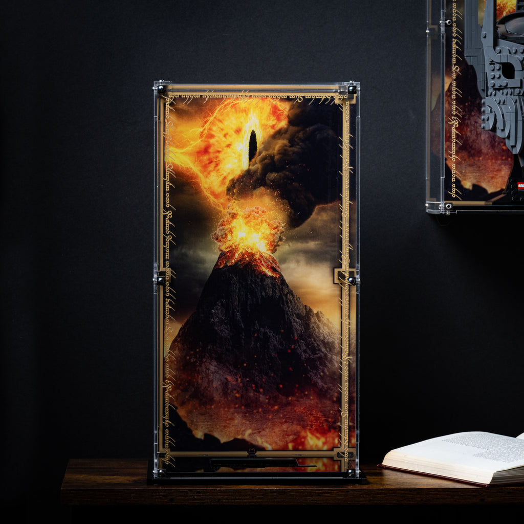 LEGO Sauron's Helmet 11373: display case panels or base without the main LEGO build.