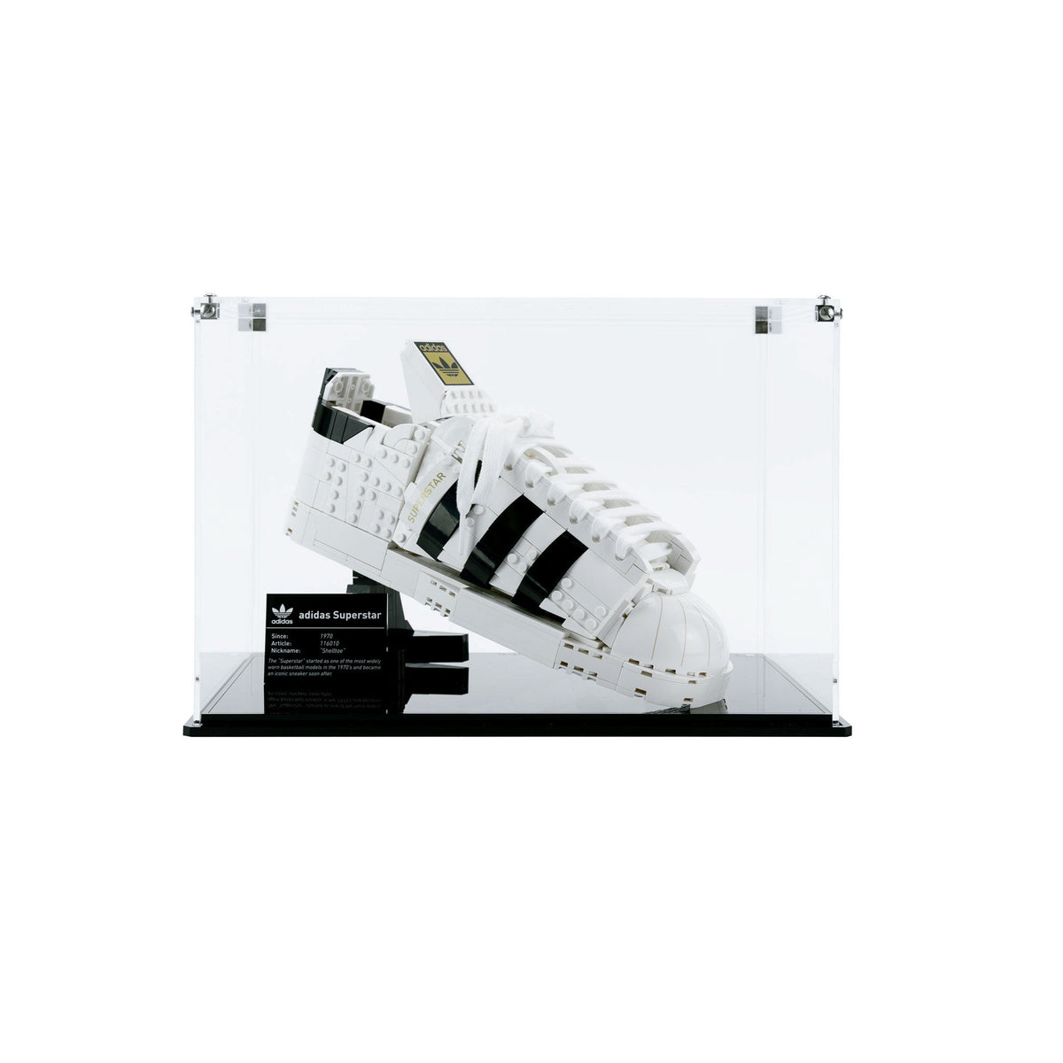 LEGO adidas Originals Superstar 10282: complete model with the display case; Classic Display Case.