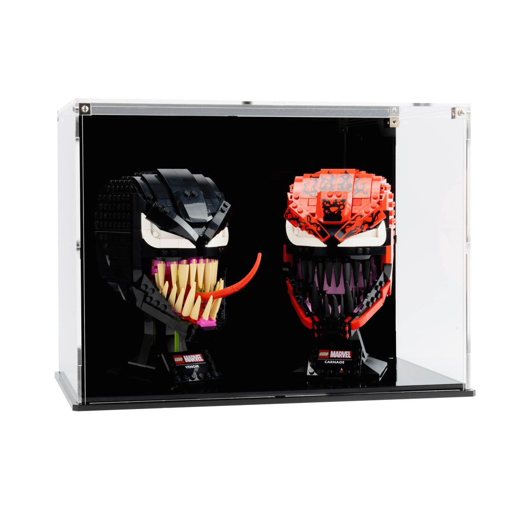 LEGO Venom and Carnage 76187 and 76199: complete model with the display case; Display Case with Black Back Plate.