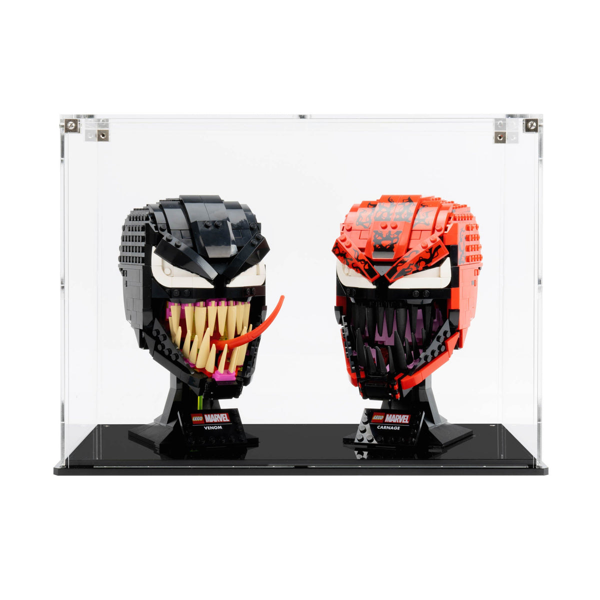 LEGO Venom and Carnage 76187 and 76199: model and display case shown together.