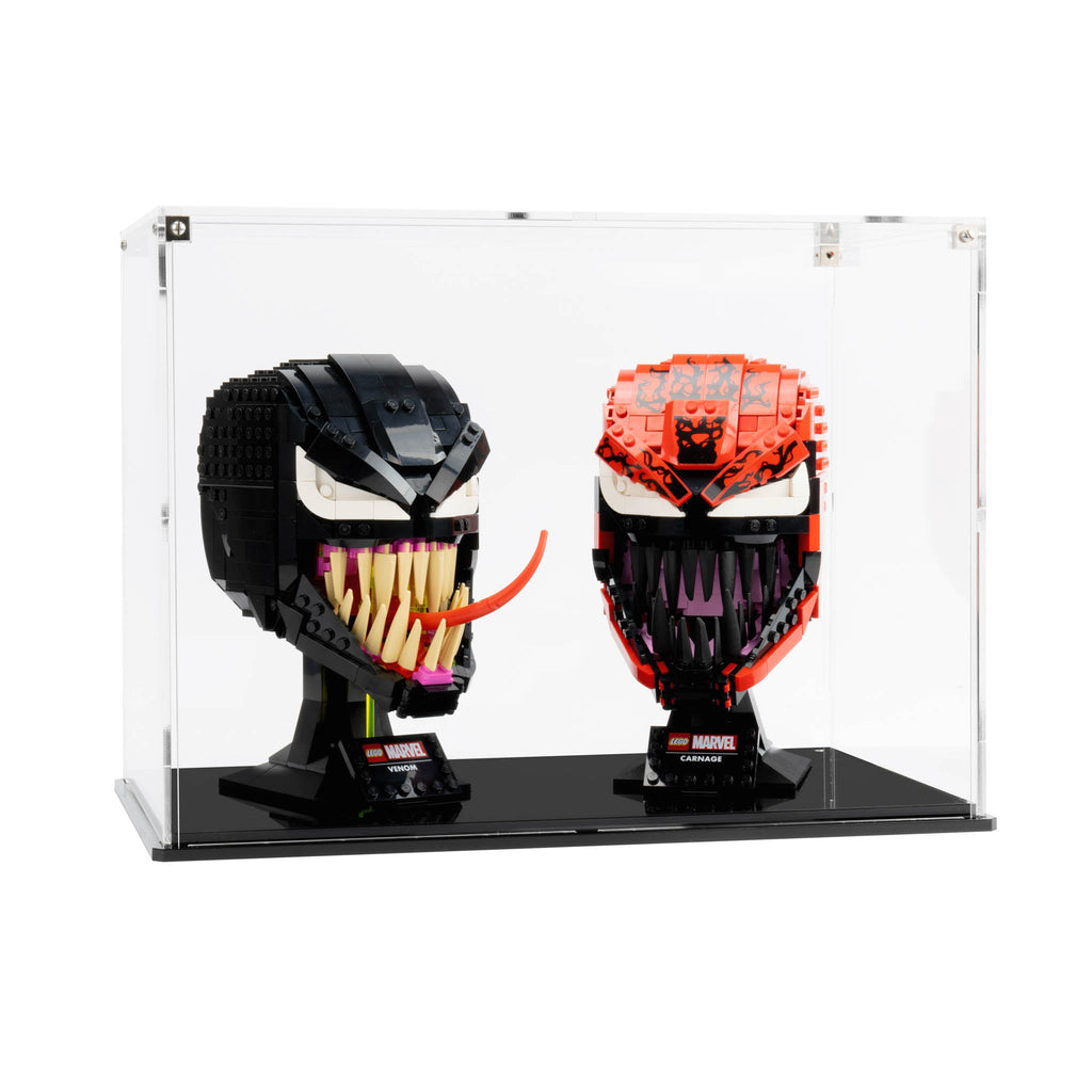 LEGO Venom and Carnage 76187 and 76199: complete model with the display case; Display Case with Clear Back Plate.