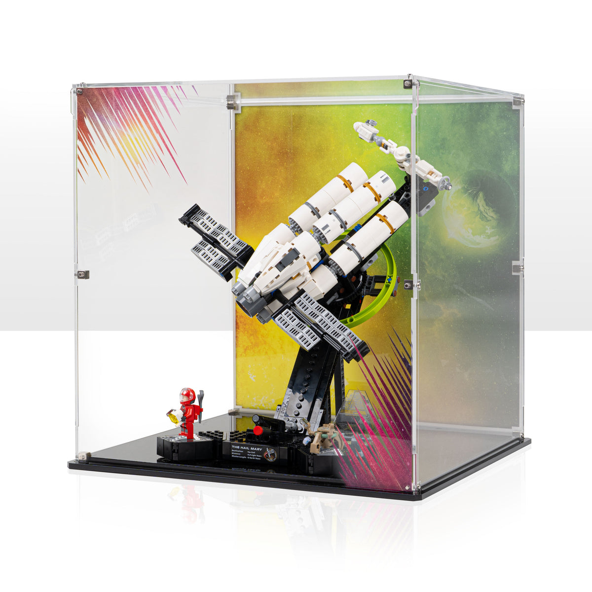 LEGO Project Hail Mary 11389: complete model with the display case; Premium Printed Display.