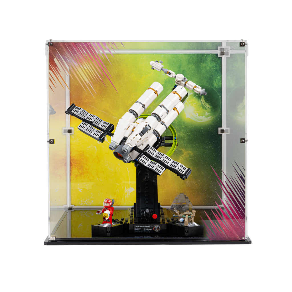 LEGO Project Hail Mary 11389: model and display case shown together.