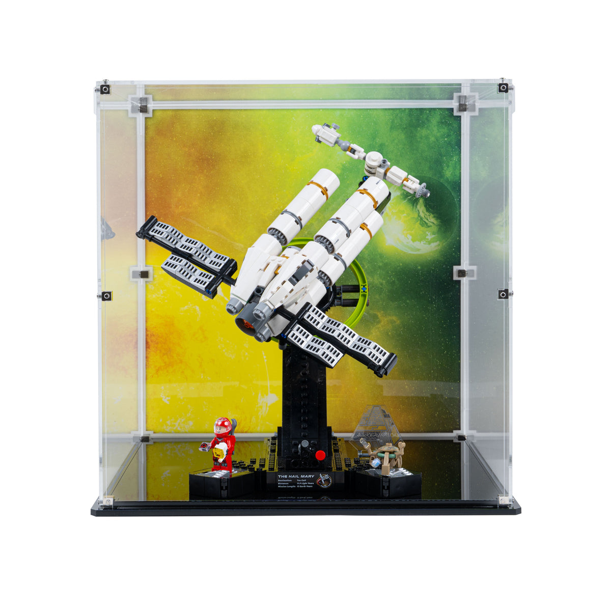 LEGO Project Hail Mary 11389: model and display case shown together.