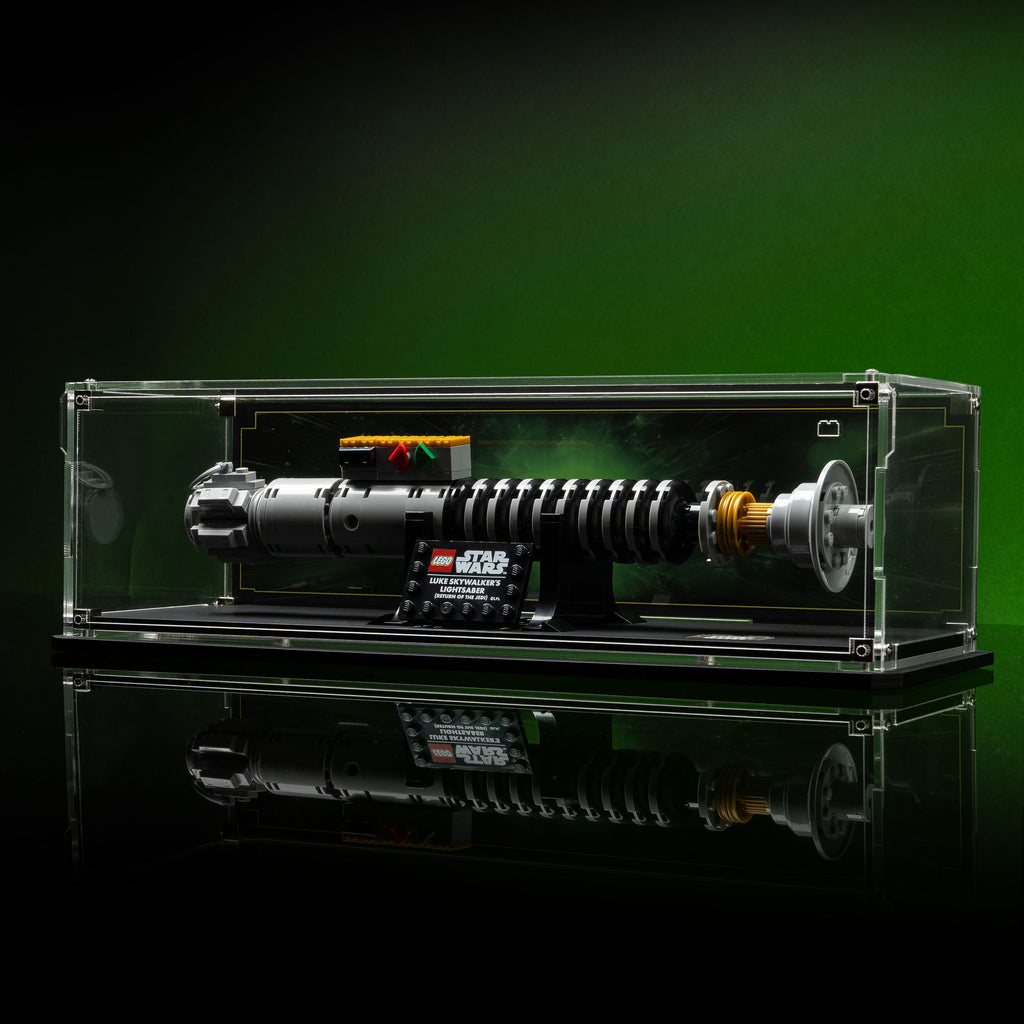 LEGO Luke Skywalker's Lightsaber 40730: complete model with the display case; shown configuration.
