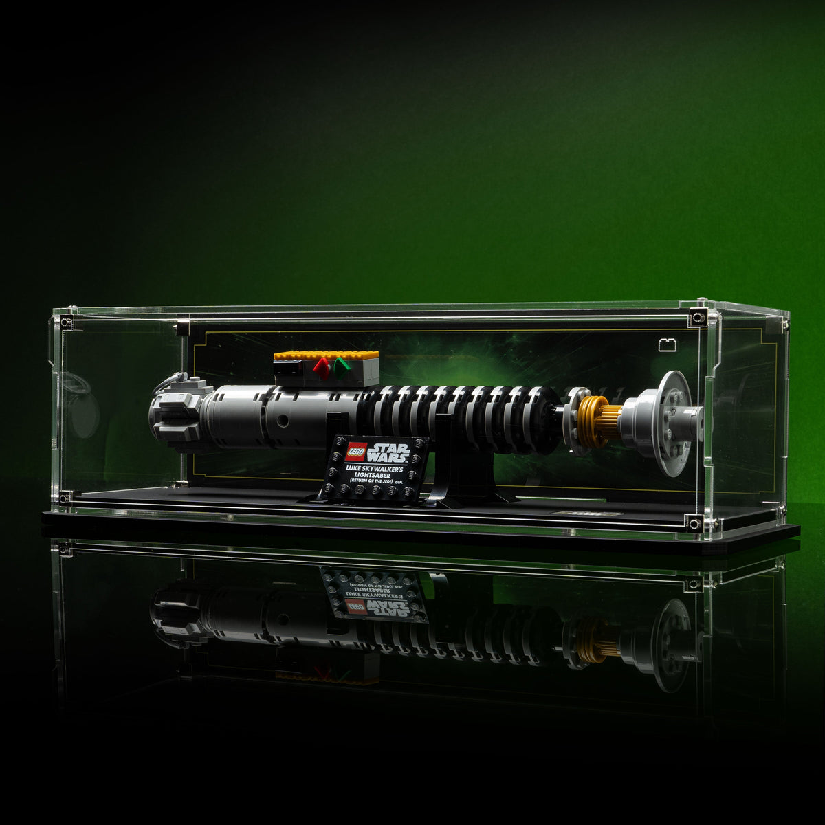 LEGO Luke Skywalker's Lightsaber 40730: complete model with the display case; shown configuration.