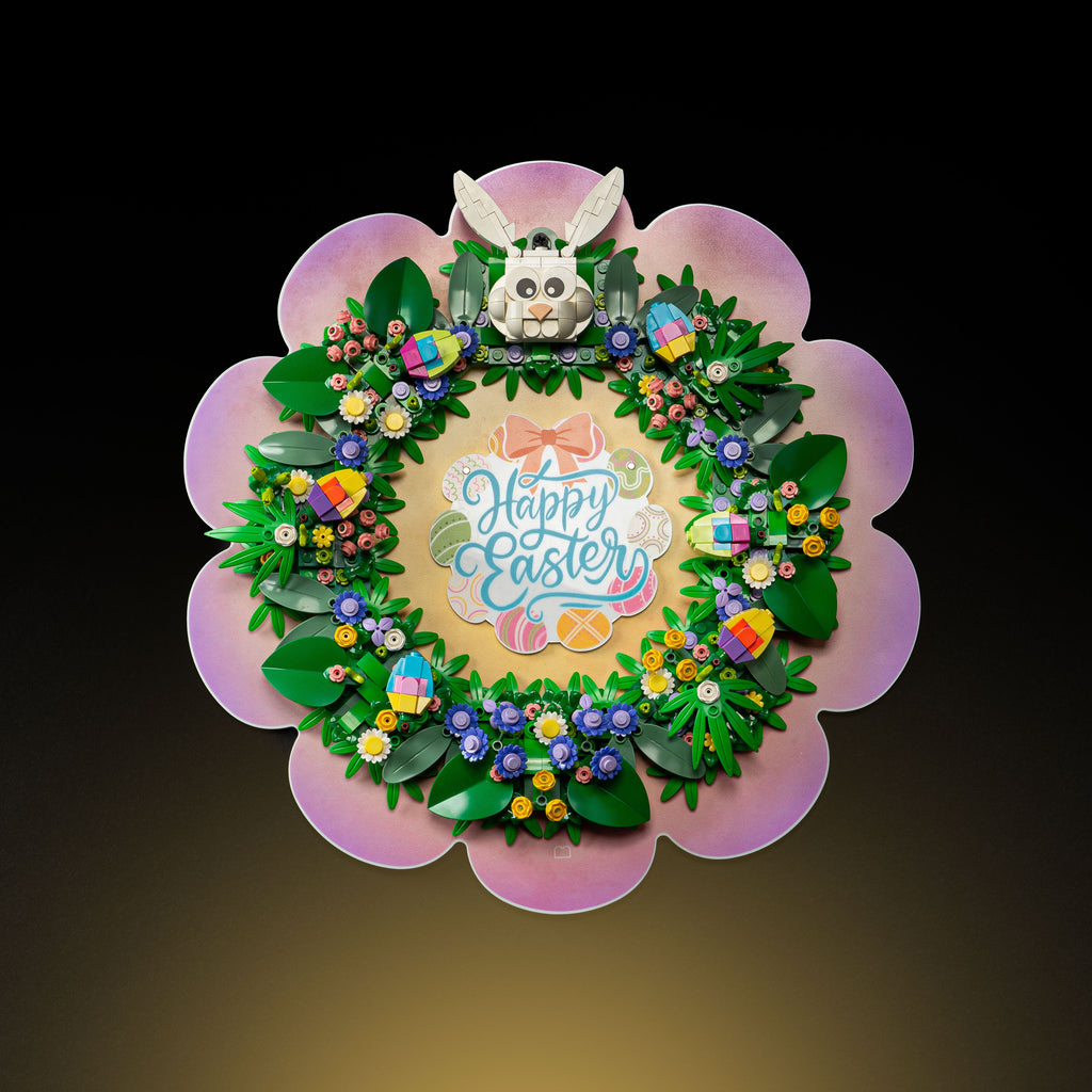 LEGO Spring Wreath 40957: model and wall display stand shown together.