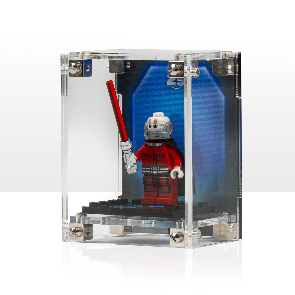 LEGO Star Wars Anniversary Minifigures 75387 and 75379 and 75394 and 75383 and 75396 and 75392 and 40755: single anniversary minifigure inside its modular display case; Printed 'Darth Malak' Background (75379).