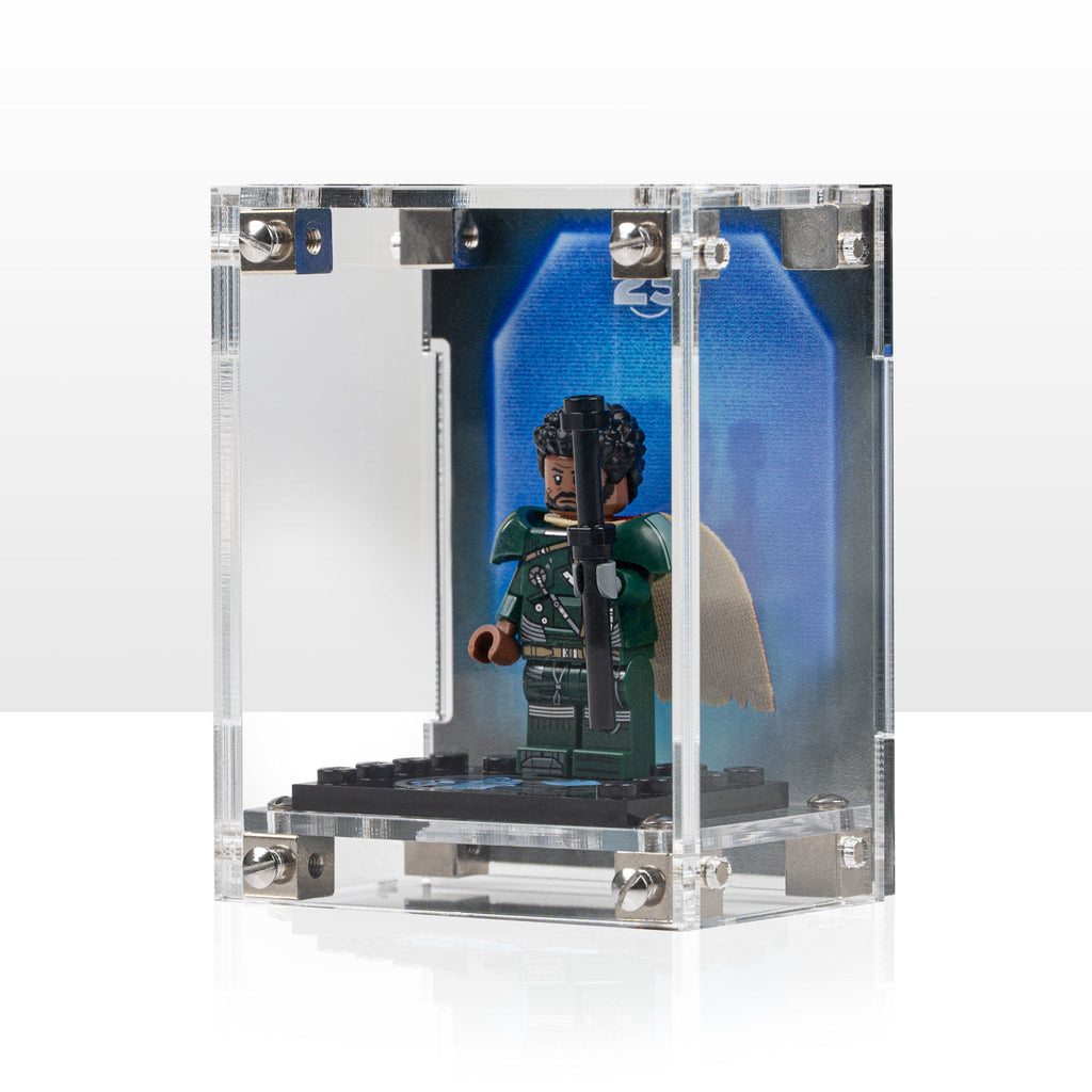 LEGO Star Wars Anniversary Minifigures 75387 and 75379 and 75394 and 75383 and 75396 and 75392 and 40755: single anniversary minifigure inside its modular display case; Printed 'Saw Gerrera' Background (75383).