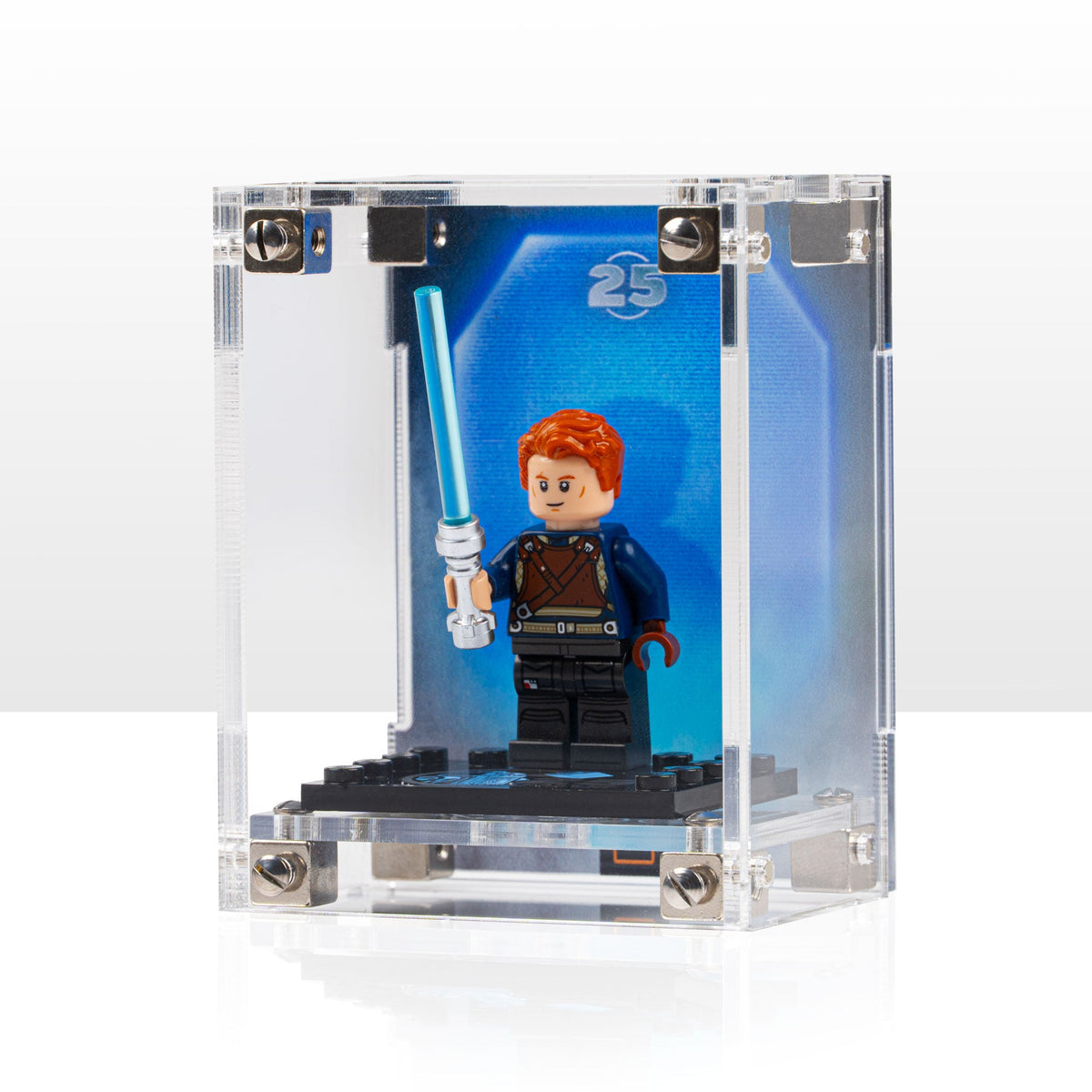 LEGO Star Wars Anniversary Minifigures 75387 and 75379 and 75394 and 75383 and 75396 and 75392 and 40755: single anniversary minifigure inside its modular display case; Printed 'Cal Kestis' Background (75394).