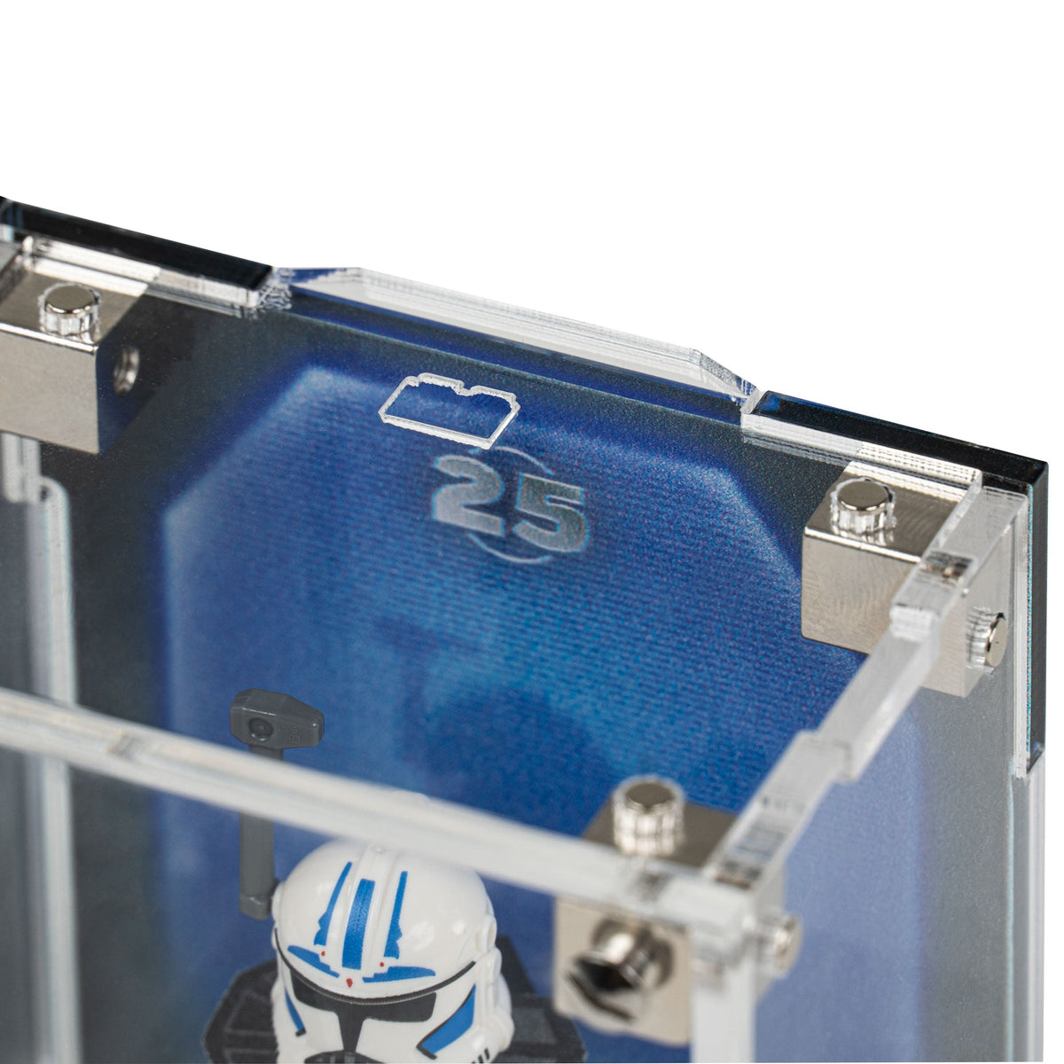 LEGO Star Wars Anniversary Minifigures 75387 and 75379 and 75394 and 75383 and 75396 and 75392 and 40755: close view of the display case construction or display arrangement.