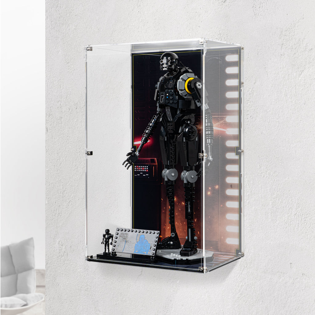 LEGO K-2SO 75434: complete model with the wall-mounted display case; Premium Printed Display.