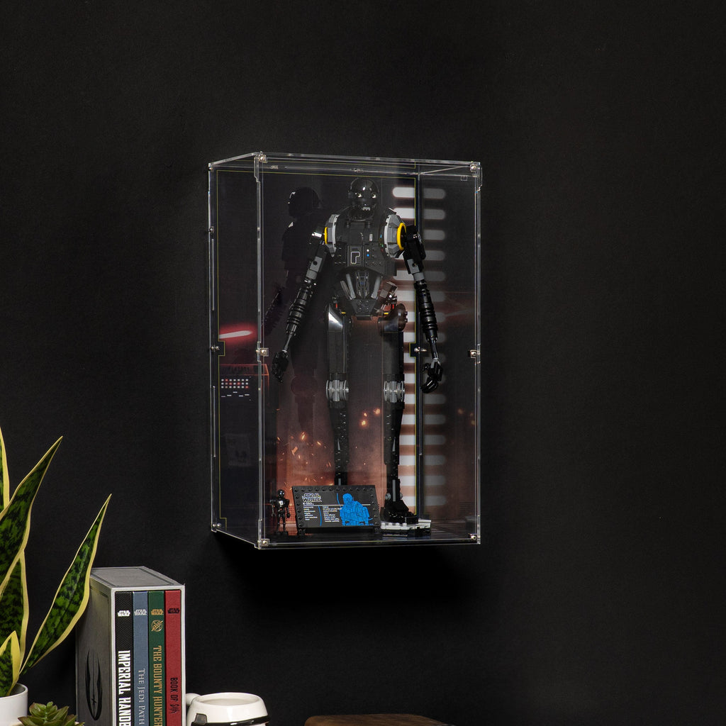 LEGO K-2SO 75434: model and wall-mounted display case shown together.