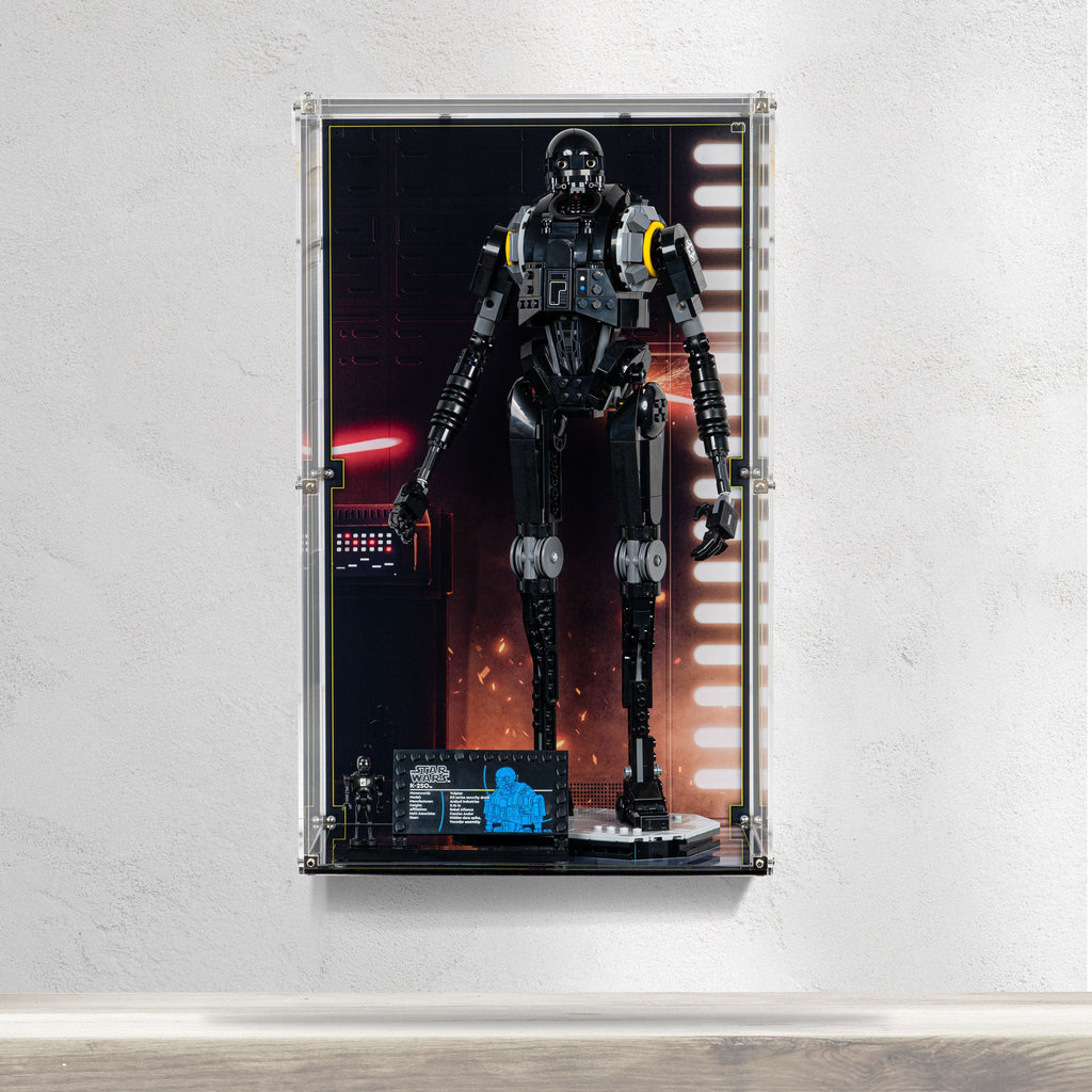 LEGO K-2SO 75434: model and wall-mounted display case shown together.