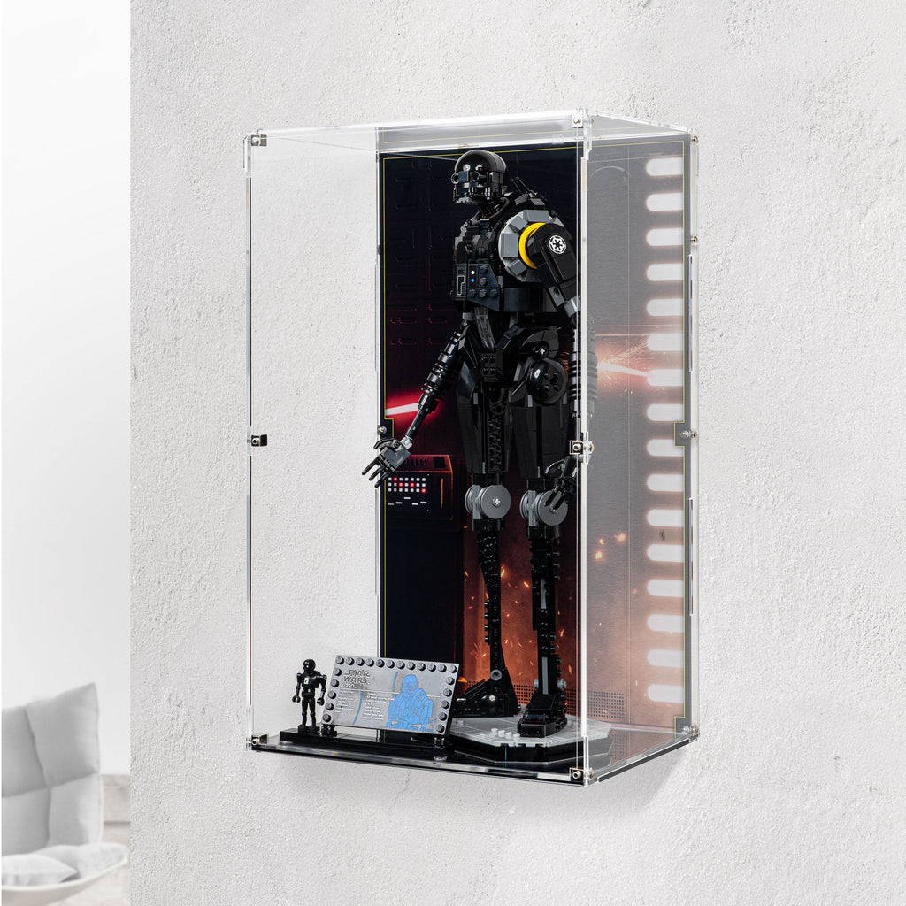 LEGO K-2SO 75434: complete model with the wall-mounted display case; Printed Background.
