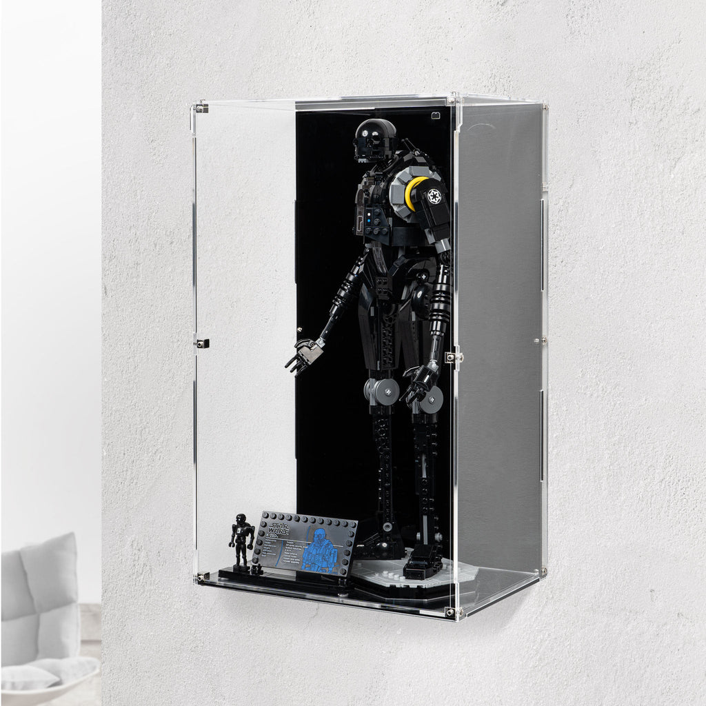 LEGO K-2SO 75434: complete model with the wall-mounted display case; Black Acrylic.