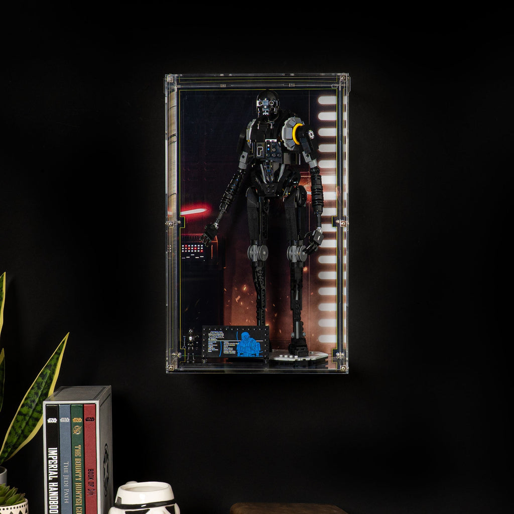 LEGO K-2SO 75434: model and wall-mounted display case shown together.