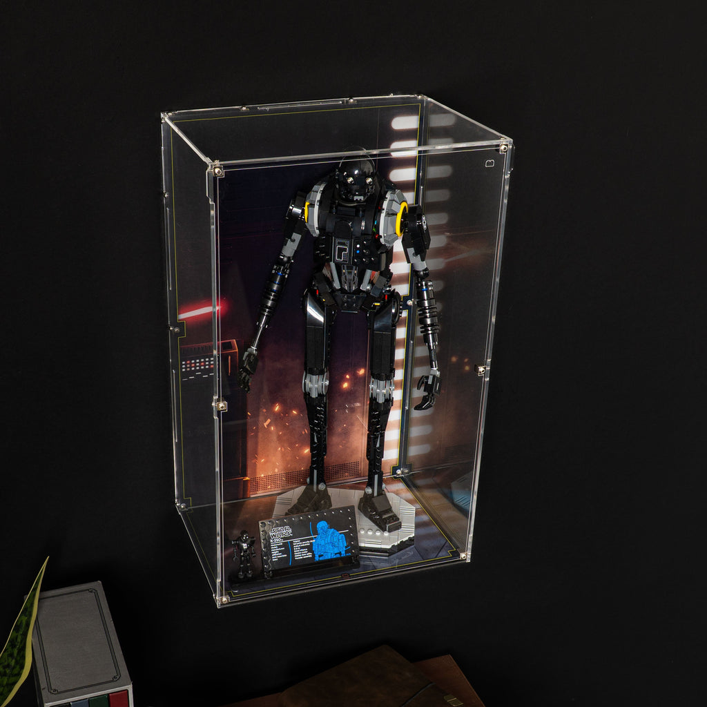 LEGO K-2SO 75434: model and wall-mounted display case shown together.