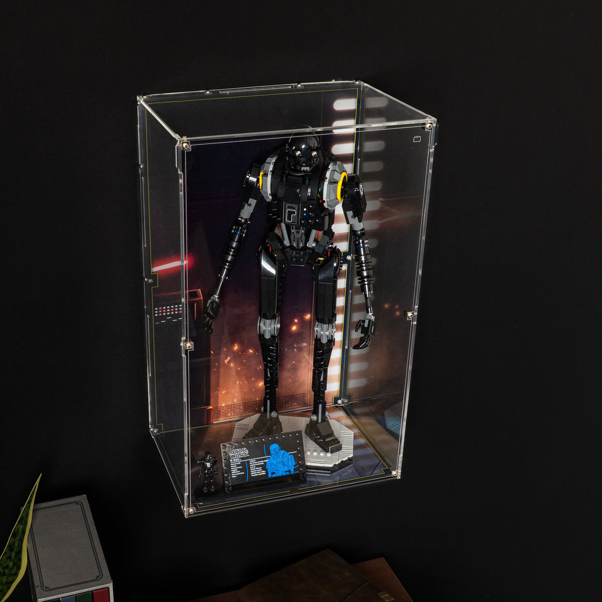 LEGO K-2SO 75434: model and wall-mounted display case shown together.
