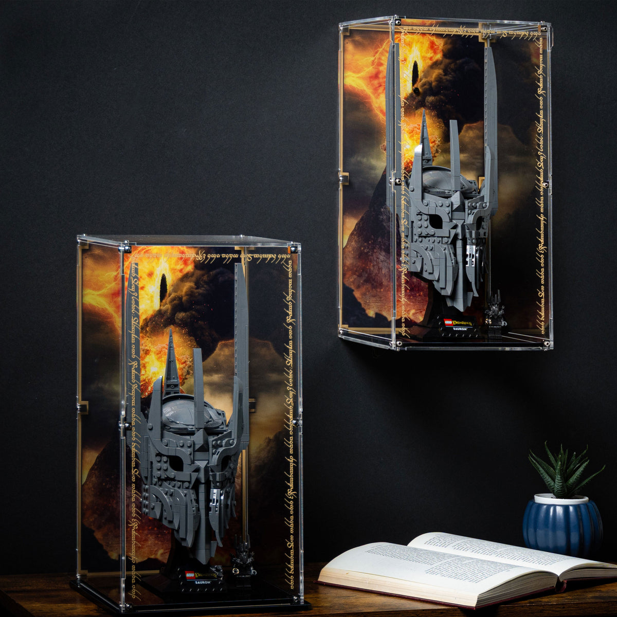 LEGO Sauron's Helmet 11373: model and wall-mounted display case shown together.