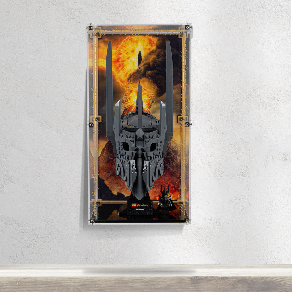 LEGO Sauron's Helmet 11373: complete model with the wall-mounted display case; Printed Background.