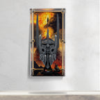 LEGO Sauron's Helmet 11373: complete model with the wall-mounted display case; Premium Printed Display.