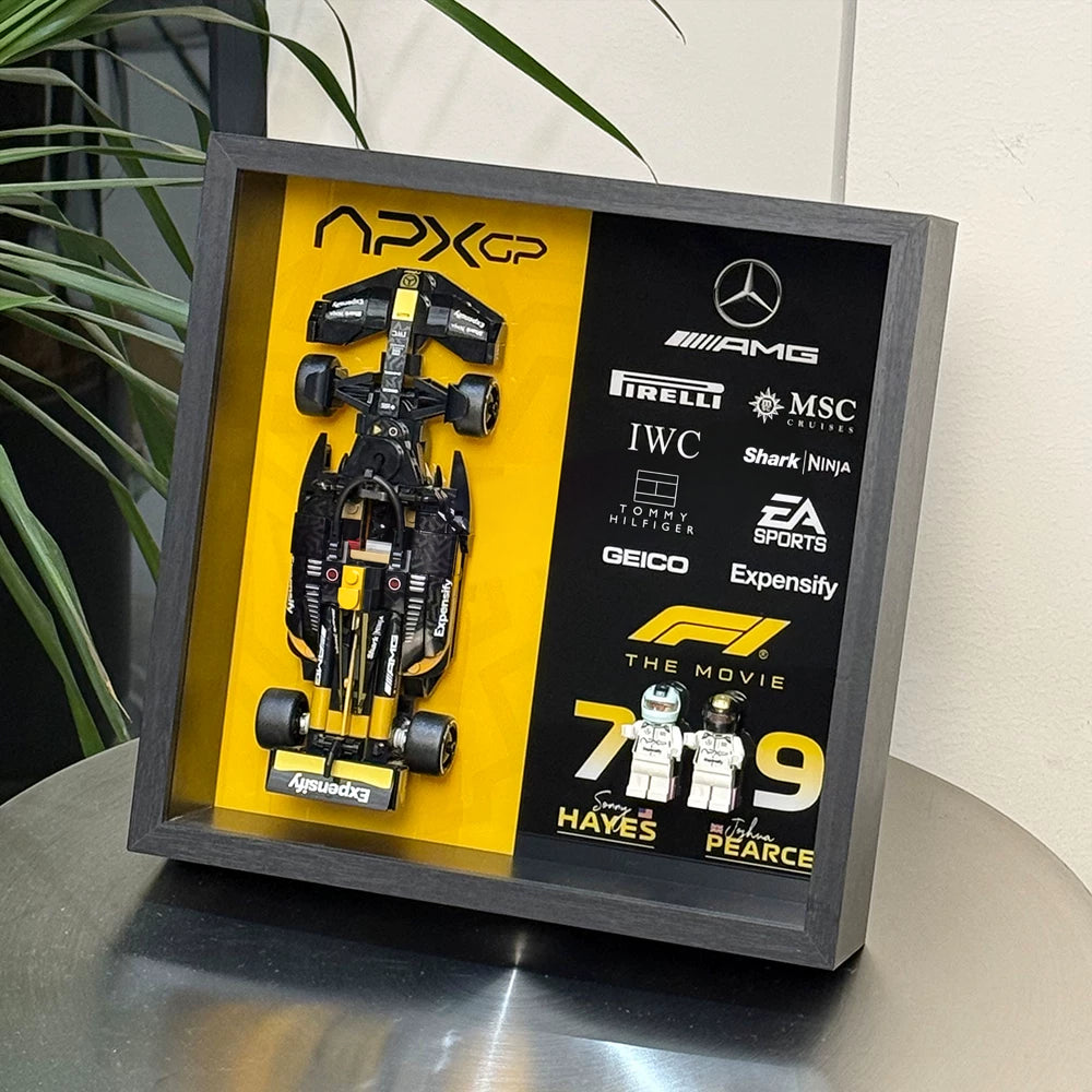 Single-car display frame compatible with LEGO 77252 - APXGP Team Race Car - Background A. Car and minifigures not included.