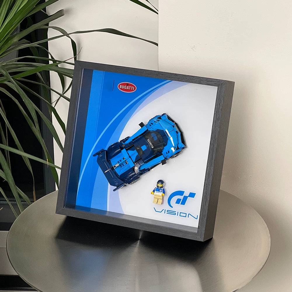 Single-car display frame compatible with LEGO 77253 - Bugatti Vision GT. Car and minifigures not included.