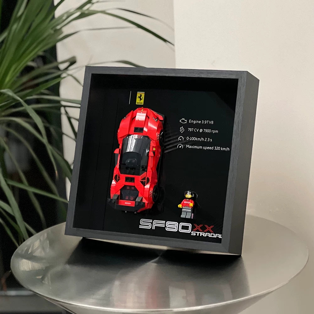 Single-car display frame compatible with LEGO 77254 - Ferrari SF90 XX Stradale. Car and minifigures not included.