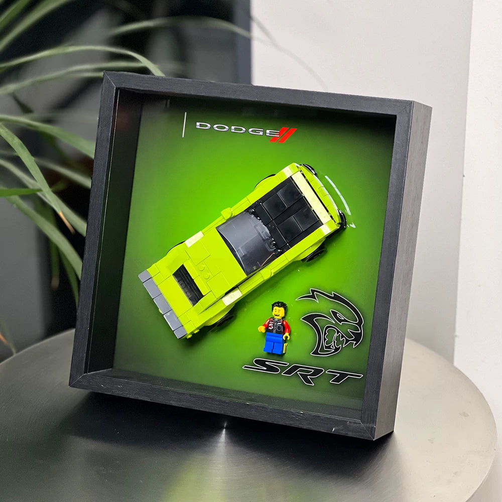 Single-car display frame compatible with LEGO 77237 - Dodge Challenger SRT Hellcat. Car and minifigures not included.