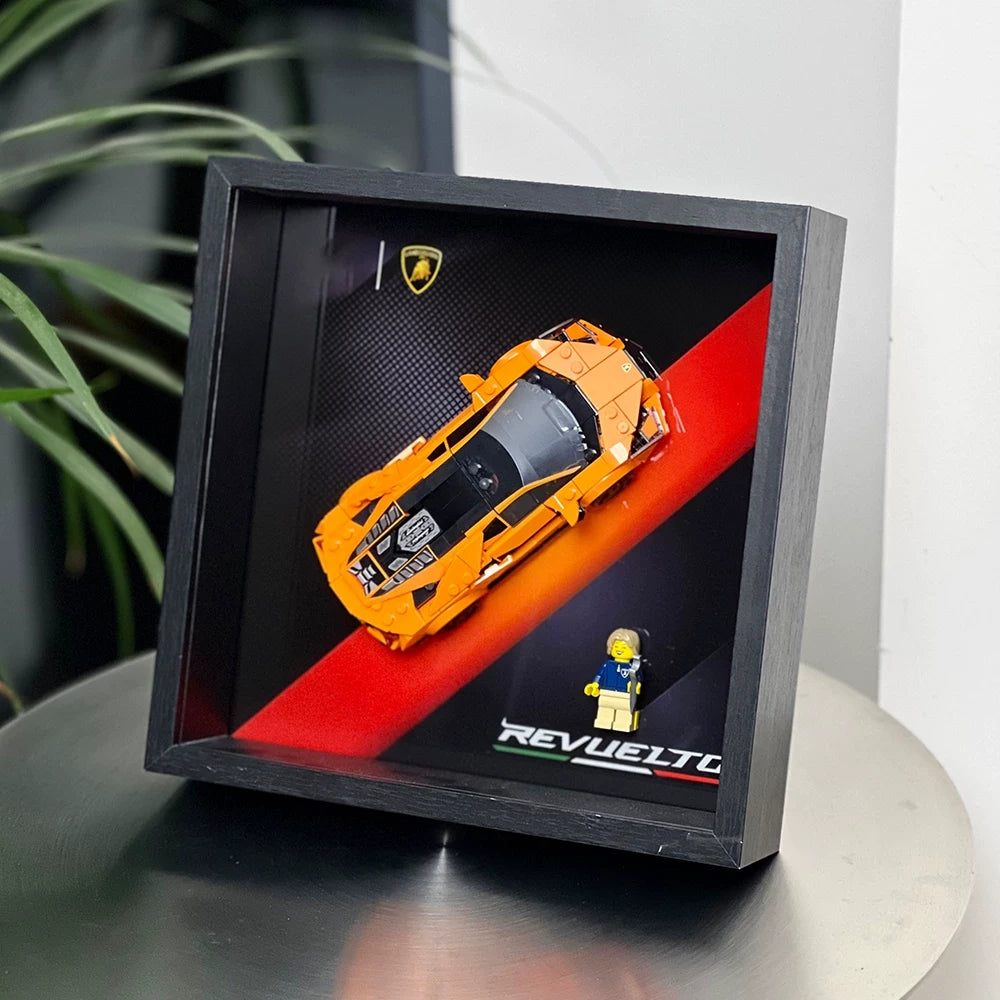 Single-car display frame compatible with LEGO 77238 - Lamborghini Revuelto. Car and minifigures not included.