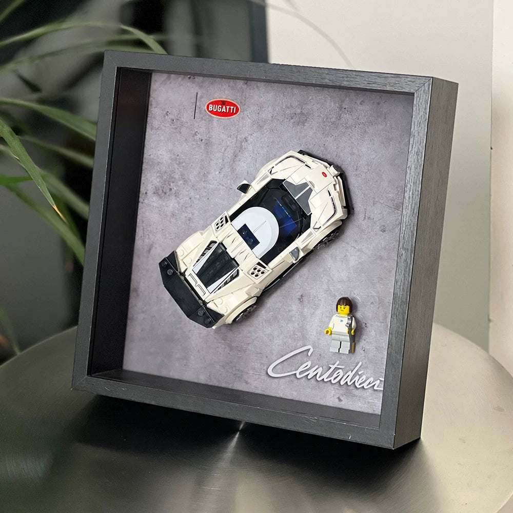Single-car display frame compatible with LEGO 77240 - Bugatti Centodieci. Car and minifigures not included.