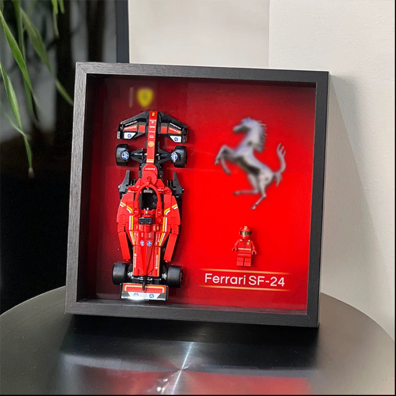 Single-car display frame compatible with LEGO 77242 - Ferrari SF-24 F1 Race Car. Car and minifigures not included.