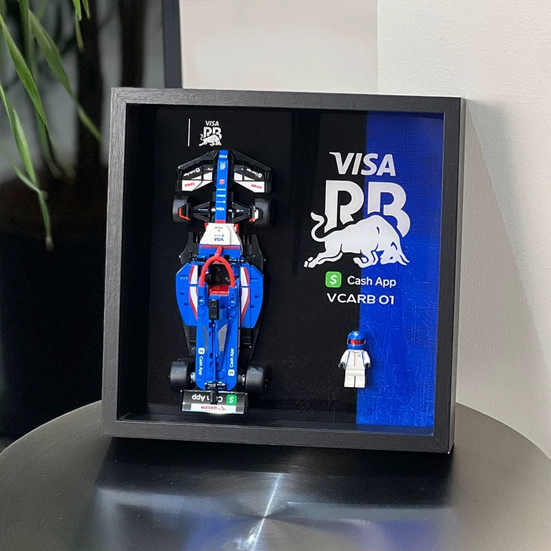 Single-car display frame compatible with LEGO 77246 - Visa Cash App RB VCARB 01. Car and minifigures not included.