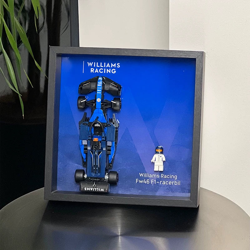 Single-car display frame compatible with LEGO 77249 - Williams Racing FW46. Car and minifigures not included.