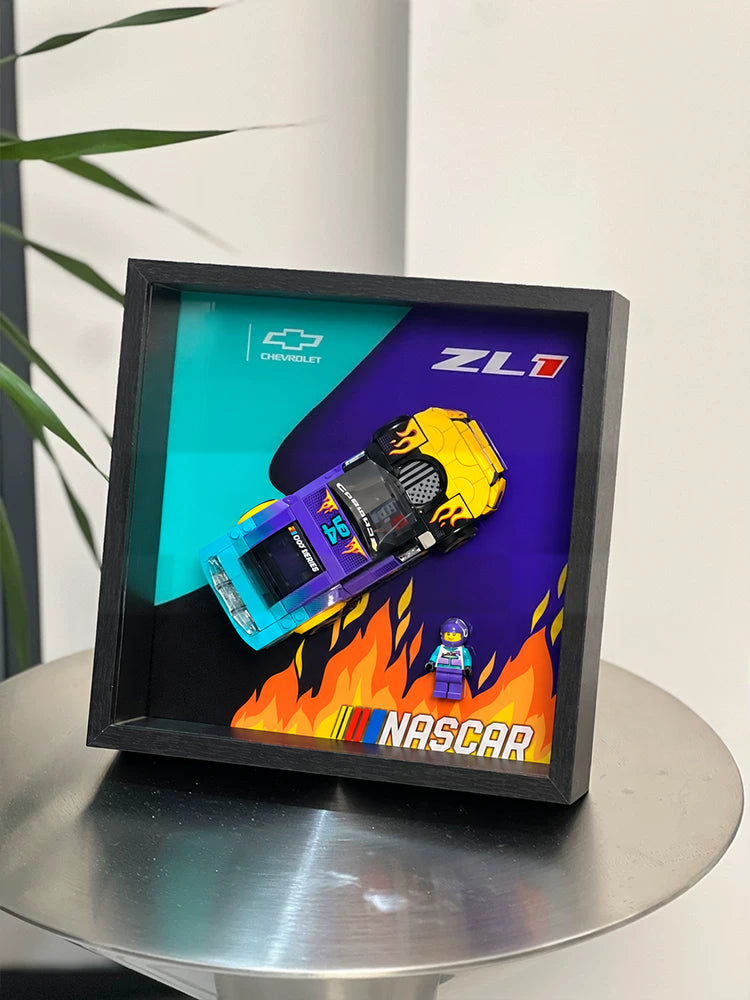 Single-car display frame compatible with LEGO 76935 - NASCAR Next Gen Chevrolet Camaro ZL1. Car and minifigures not included.