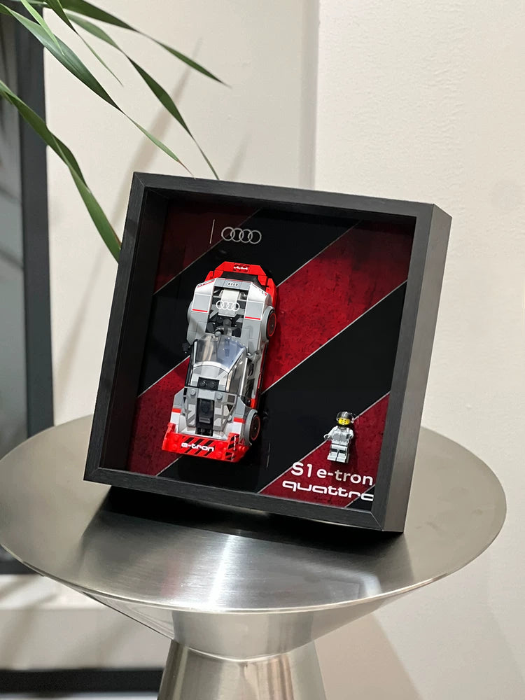 Single-car display frame compatible with LEGO 76921 - Audi S1 e-tron quattro. Car and minifigures not included.