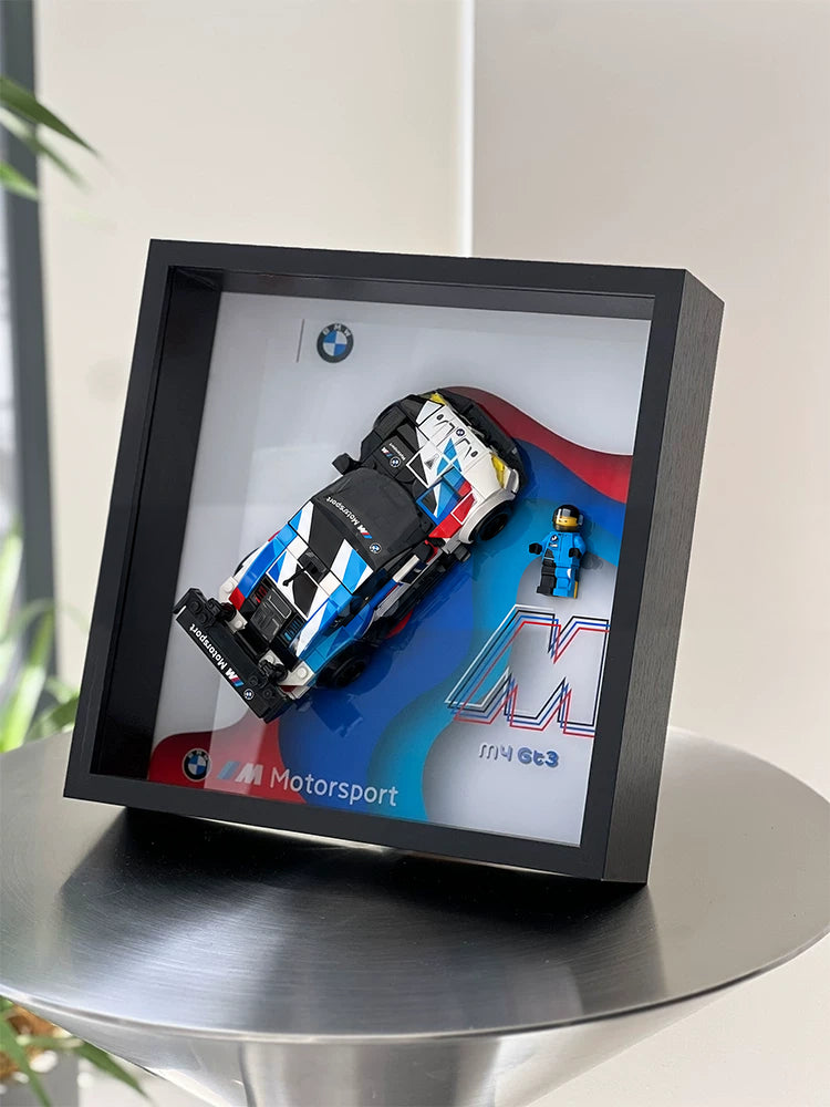 Single-car display frame compatible with LEGO 76922 - BMW M4 GT3. Car and minifigures not included.